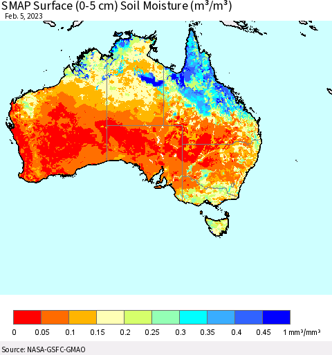 Australia SMAP Surface (0-5 cm) Soil Moisture (m³/m³) Thematic Map For 2/1/2023 - 2/5/2023