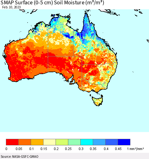 Australia SMAP Surface (0-5 cm) Soil Moisture (m³/m³) Thematic Map For 2/6/2023 - 2/10/2023