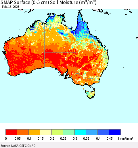 Australia SMAP Surface (0-5 cm) Soil Moisture (m³/m³) Thematic Map For 2/11/2023 - 2/15/2023