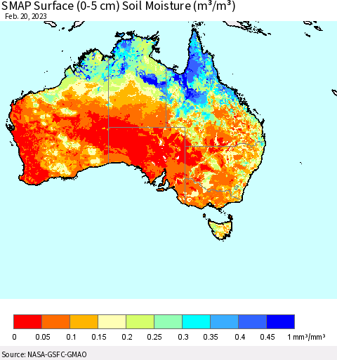 Australia SMAP Surface (0-5 cm) Soil Moisture (m³/m³) Thematic Map For 2/16/2023 - 2/20/2023