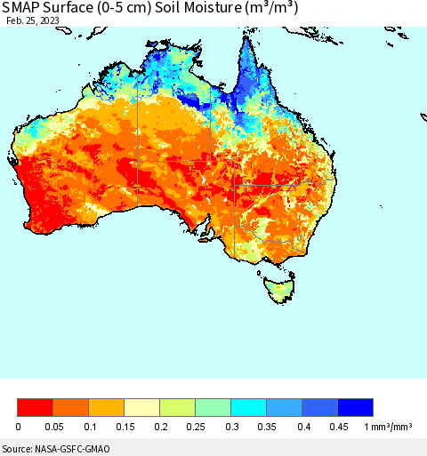 Australia SMAP Surface (0-5 cm) Soil Moisture (m³/m³) Thematic Map For 2/21/2023 - 2/25/2023