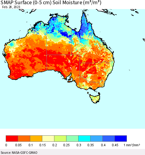 Australia SMAP Surface (0-5 cm) Soil Moisture (m³/m³) Thematic Map For 2/26/2023 - 2/28/2023