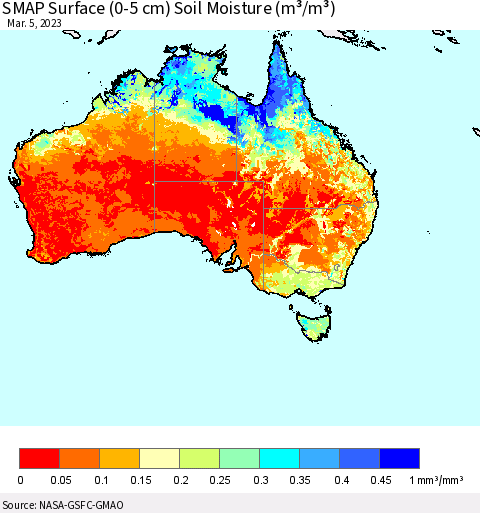 Australia SMAP Surface (0-5 cm) Soil Moisture (m³/m³) Thematic Map For 3/1/2023 - 3/5/2023
