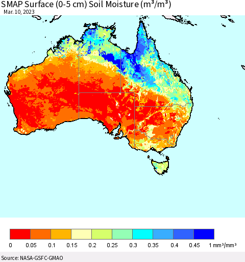 Australia SMAP Surface (0-5 cm) Soil Moisture (m³/m³) Thematic Map For 3/6/2023 - 3/10/2023