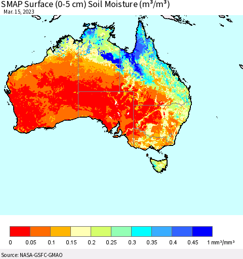 Australia SMAP Surface (0-5 cm) Soil Moisture (m³/m³) Thematic Map For 3/11/2023 - 3/15/2023