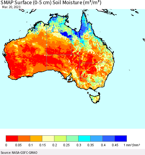 Australia SMAP Surface (0-5 cm) Soil Moisture (m³/m³) Thematic Map For 3/16/2023 - 3/20/2023