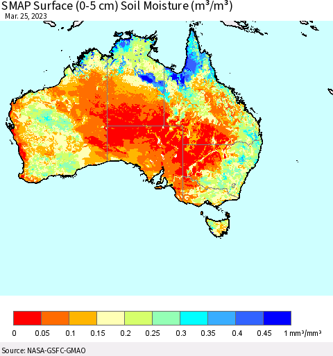 Australia SMAP Surface (0-5 cm) Soil Moisture (m³/m³) Thematic Map For 3/21/2023 - 3/25/2023