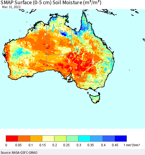 Australia SMAP Surface (0-5 cm) Soil Moisture (m³/m³) Thematic Map For 3/26/2023 - 3/31/2023