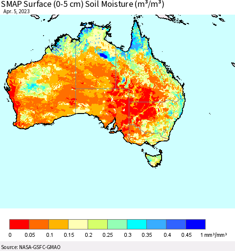 Australia SMAP Surface (0-5 cm) Soil Moisture (m³/m³) Thematic Map For 4/1/2023 - 4/5/2023