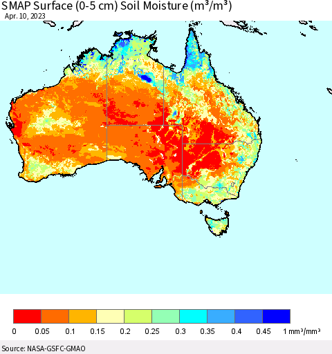 Australia SMAP Surface (0-5 cm) Soil Moisture (m³/m³) Thematic Map For 4/6/2023 - 4/10/2023