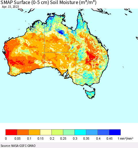 Australia SMAP Surface (0-5 cm) Soil Moisture (m³/m³) Thematic Map For 4/11/2023 - 4/15/2023