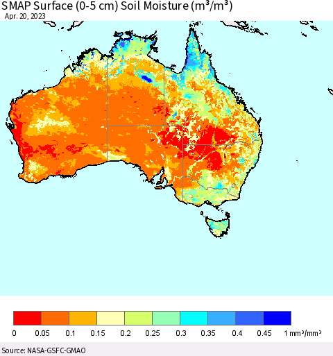 Australia SMAP Surface (0-5 cm) Soil Moisture (m³/m³) Thematic Map For 4/16/2023 - 4/20/2023