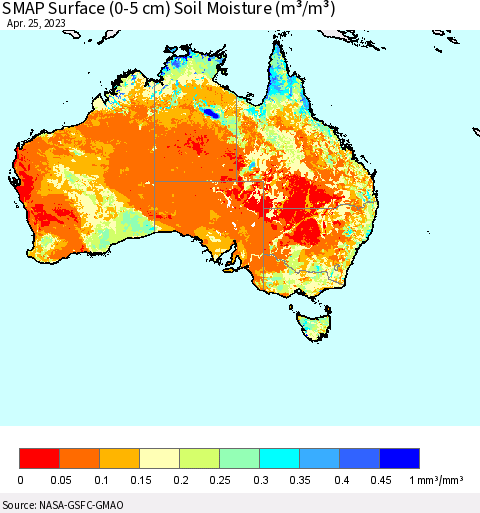 Australia SMAP Surface (0-5 cm) Soil Moisture (m³/m³) Thematic Map For 4/21/2023 - 4/25/2023