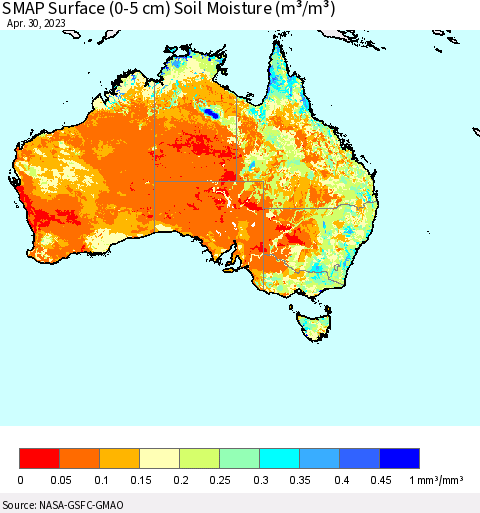 Australia SMAP Surface (0-5 cm) Soil Moisture (m³/m³) Thematic Map For 4/26/2023 - 4/30/2023