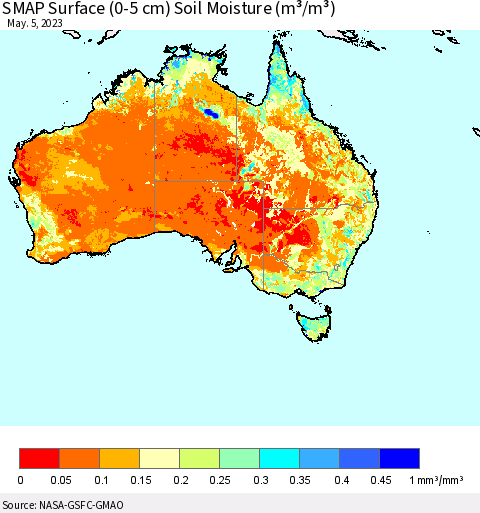 Australia SMAP Surface (0-5 cm) Soil Moisture (m³/m³) Thematic Map For 5/1/2023 - 5/5/2023