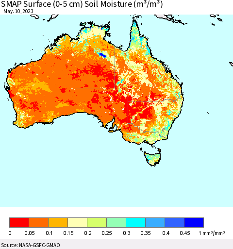 Australia SMAP Surface (0-5 cm) Soil Moisture (m³/m³) Thematic Map For 5/6/2023 - 5/10/2023