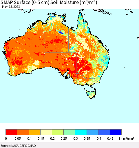 Australia SMAP Surface (0-5 cm) Soil Moisture (m³/m³) Thematic Map For 5/11/2023 - 5/15/2023