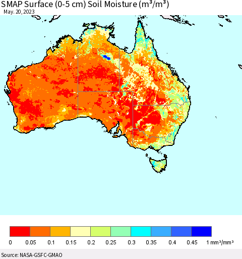 Australia SMAP Surface (0-5 cm) Soil Moisture (m³/m³) Thematic Map For 5/16/2023 - 5/20/2023