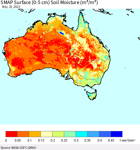Australia SMAP Surface (0-5 cm) Soil Moisture (m³/m³) Thematic Map For 5/21/2023 - 5/25/2023