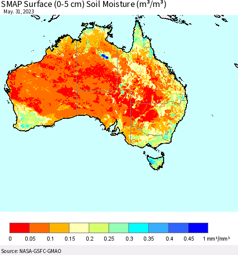 Australia SMAP Surface (0-5 cm) Soil Moisture (m³/m³) Thematic Map For 5/26/2023 - 5/31/2023