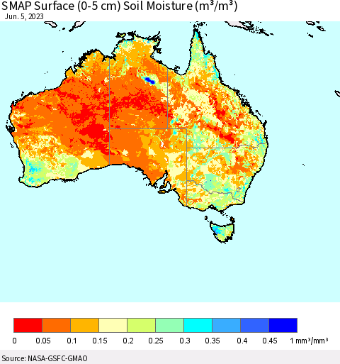 Australia SMAP Surface (0-5 cm) Soil Moisture (m³/m³) Thematic Map For 6/1/2023 - 6/5/2023