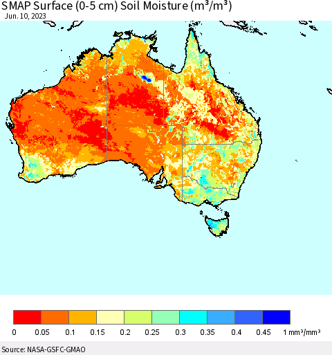 Australia SMAP Surface (0-5 cm) Soil Moisture (m³/m³) Thematic Map For 6/6/2023 - 6/10/2023
