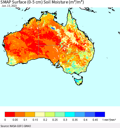 Australia SMAP Surface (0-5 cm) Soil Moisture (m³/m³) Thematic Map For 6/11/2023 - 6/15/2023