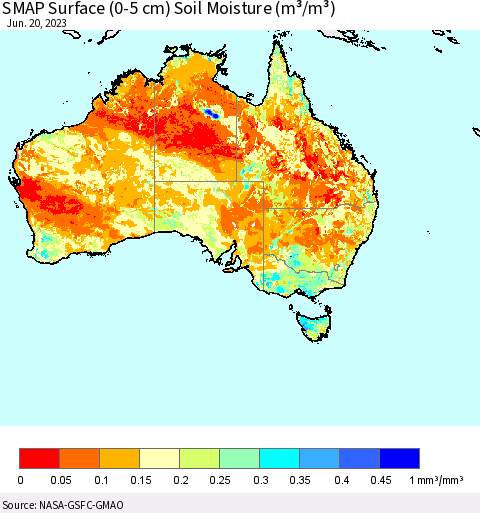 Australia SMAP Surface (0-5 cm) Soil Moisture (m³/m³) Thematic Map For 6/16/2023 - 6/20/2023