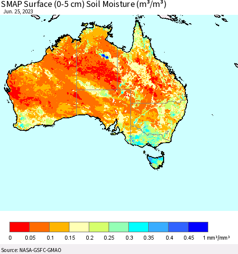 Australia SMAP Surface (0-5 cm) Soil Moisture (m³/m³) Thematic Map For 6/21/2023 - 6/25/2023