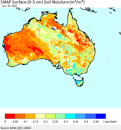 Australia SMAP Surface (0-5 cm) Soil Moisture (m³/m³) Thematic Map For 6/26/2023 - 6/30/2023