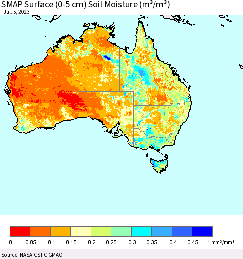 Australia SMAP Surface (0-5 cm) Soil Moisture (m³/m³) Thematic Map For 7/1/2023 - 7/5/2023