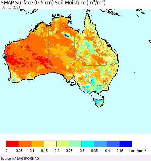 Australia SMAP Surface (0-5 cm) Soil Moisture (m³/m³) Thematic Map For 7/6/2023 - 7/10/2023