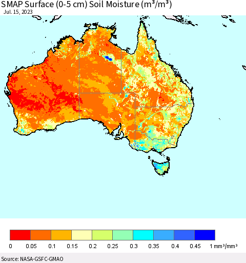 Australia SMAP Surface (0-5 cm) Soil Moisture (m³/m³) Thematic Map For 7/11/2023 - 7/15/2023