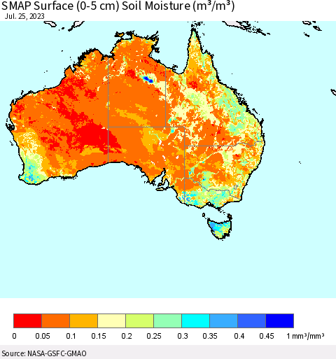 Australia SMAP Surface (0-5 cm) Soil Moisture (m³/m³) Thematic Map For 7/21/2023 - 7/25/2023