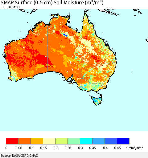 Australia SMAP Surface (0-5 cm) Soil Moisture (m³/m³) Thematic Map For 7/26/2023 - 7/31/2023