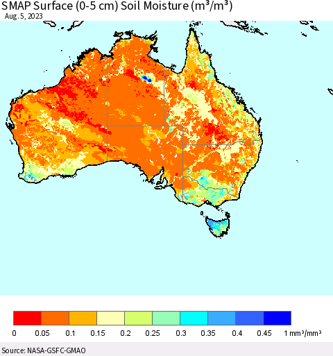 Australia SMAP Surface (0-5 cm) Soil Moisture (m³/m³) Thematic Map For 8/1/2023 - 8/5/2023