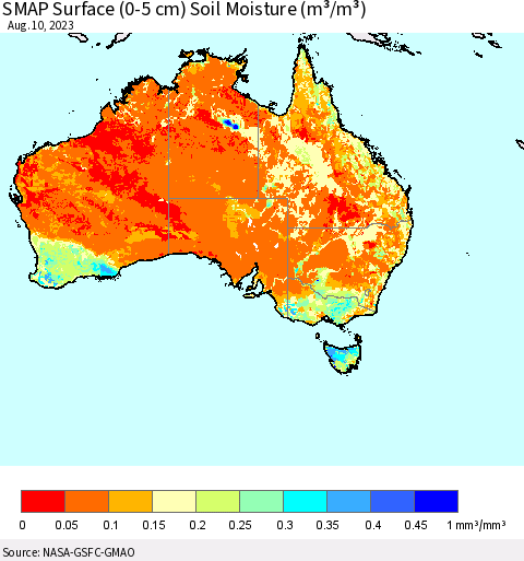 Australia SMAP Surface (0-5 cm) Soil Moisture (m³/m³) Thematic Map For 8/6/2023 - 8/10/2023