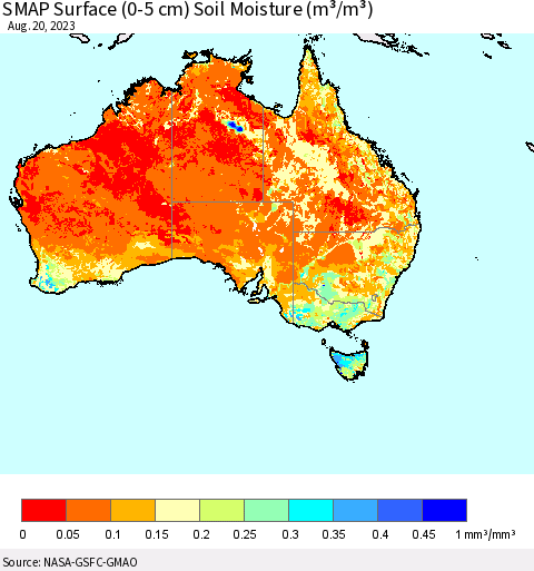 Australia SMAP Surface (0-5 cm) Soil Moisture (m³/m³) Thematic Map For 8/16/2023 - 8/20/2023