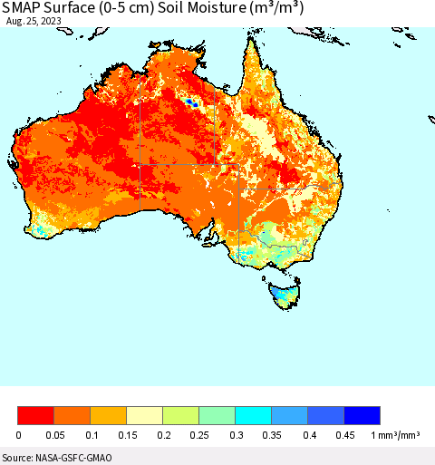 Australia SMAP Surface (0-5 cm) Soil Moisture (m³/m³) Thematic Map For 8/21/2023 - 8/25/2023