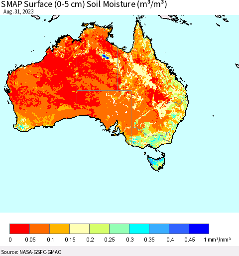 Australia SMAP Surface (0-5 cm) Soil Moisture (m³/m³) Thematic Map For 8/26/2023 - 8/31/2023
