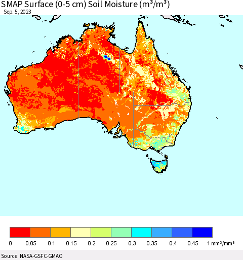 Australia SMAP Surface (0-5 cm) Soil Moisture (m³/m³) Thematic Map For 9/1/2023 - 9/5/2023
