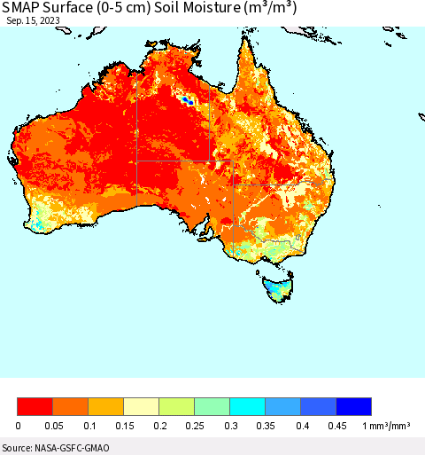 Australia SMAP Surface (0-5 cm) Soil Moisture (m³/m³) Thematic Map For 9/11/2023 - 9/15/2023