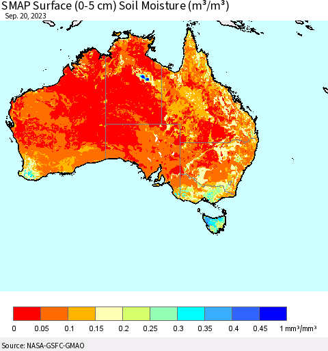 Australia SMAP Surface (0-5 cm) Soil Moisture (m³/m³) Thematic Map For 9/16/2023 - 9/20/2023