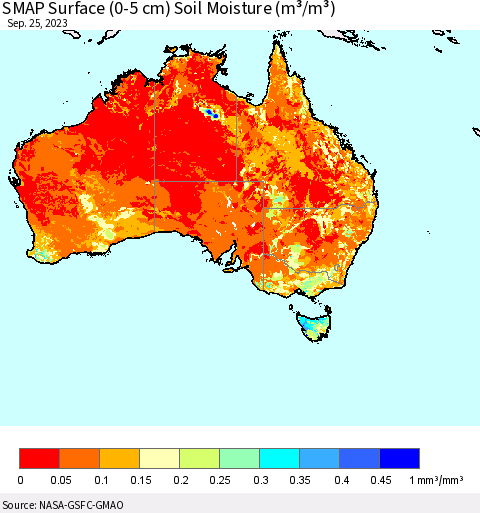 Australia SMAP Surface (0-5 cm) Soil Moisture (m³/m³) Thematic Map For 9/21/2023 - 9/25/2023