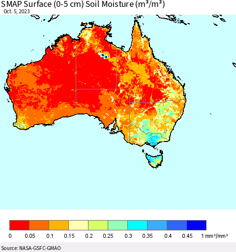 Australia SMAP Surface (0-5 cm) Soil Moisture (m³/m³) Thematic Map For 10/1/2023 - 10/5/2023