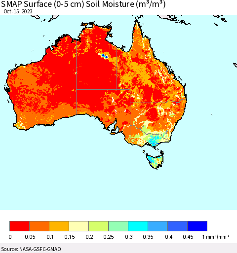 Australia SMAP Surface (0-5 cm) Soil Moisture (m³/m³) Thematic Map For 10/11/2023 - 10/15/2023