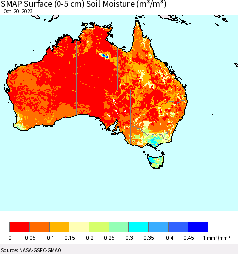 Australia SMAP Surface (0-5 cm) Soil Moisture (m³/m³) Thematic Map For 10/16/2023 - 10/20/2023