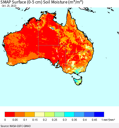 Australia SMAP Surface (0-5 cm) Soil Moisture (m³/m³) Thematic Map For 10/21/2023 - 10/25/2023