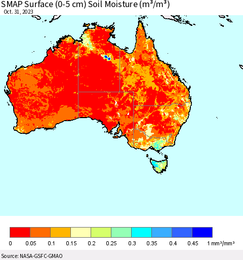 Australia SMAP Surface (0-5 cm) Soil Moisture (m³/m³) Thematic Map For 10/26/2023 - 10/31/2023