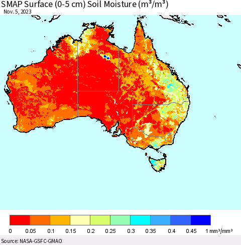 Australia SMAP Surface (0-5 cm) Soil Moisture (m³/m³) Thematic Map For 11/1/2023 - 11/5/2023